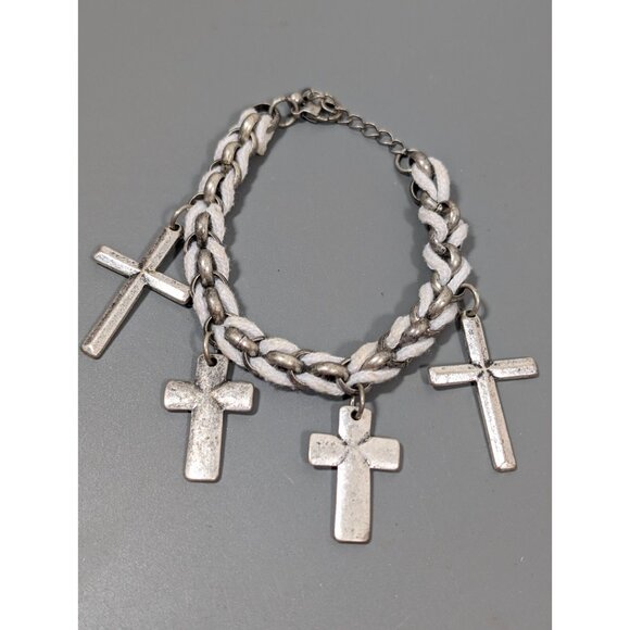 Silver Tone Cross Charm White Woven Cord Chain Bracelet Boho Gothic 8.5 in - Picture 1 of 6